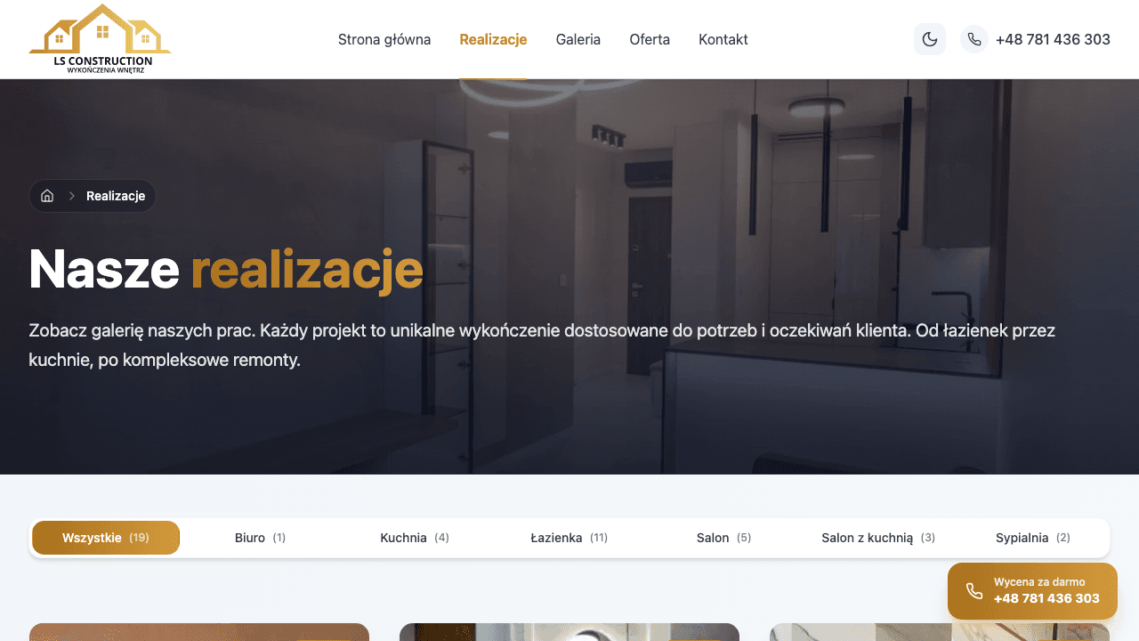 LS Construction - lista realizacji z filtrowaniem po typie pomieszczenia