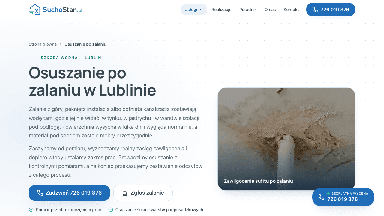 suchostan.pl - usługa osuszania po zalaniu