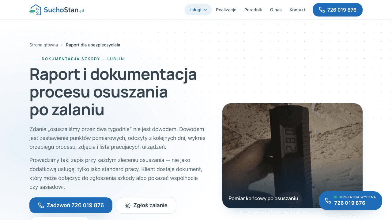 suchostan.pl - raport z osuszania dla ubezpieczyciela