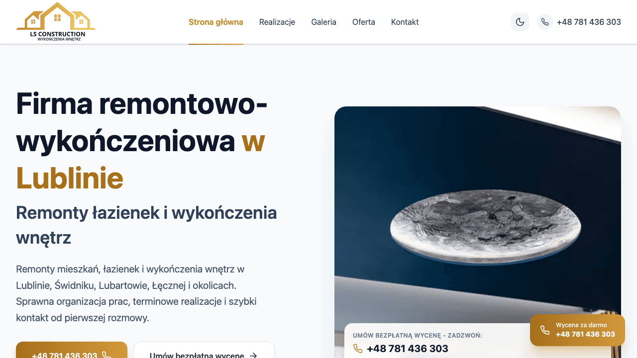 LS Construction - widok desktop strony głównej